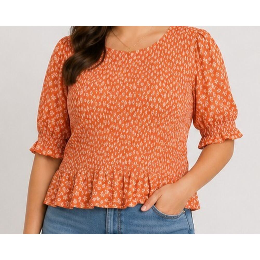 MELLODAY Smocked Top Womens XL Orange Floral Ruffle Sleeve Peplum Top Ditsy‎